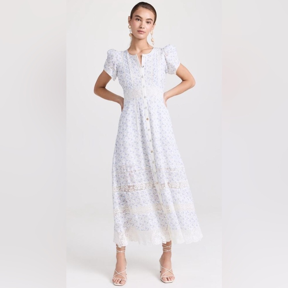 LOVESHACKFANCY White Blue Floral Pattern Lace Detailing Button Front Dress 2
